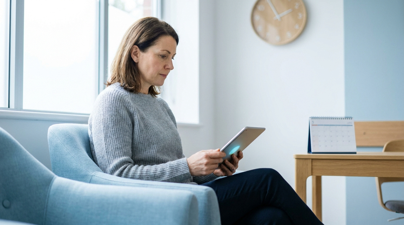 Une femme assise dans une salle d'attente consulte une tablette numérique.