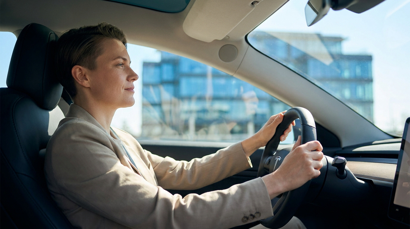 Une femme souriante aux cheveux courts conduisant une voiture électrique moderne en ville.