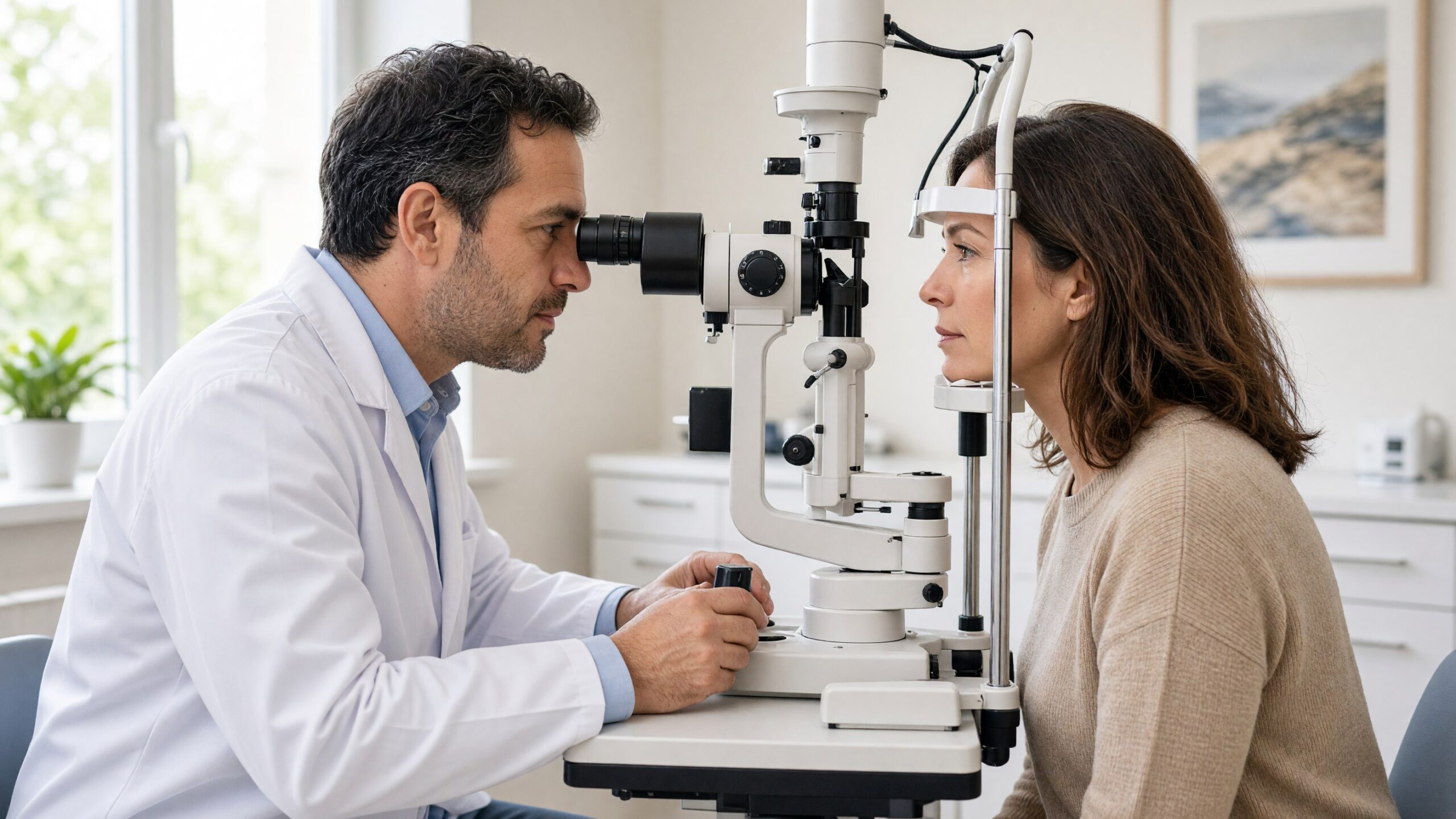 Ophtalmologiste examinant la vue d une patiente au biomicroscope