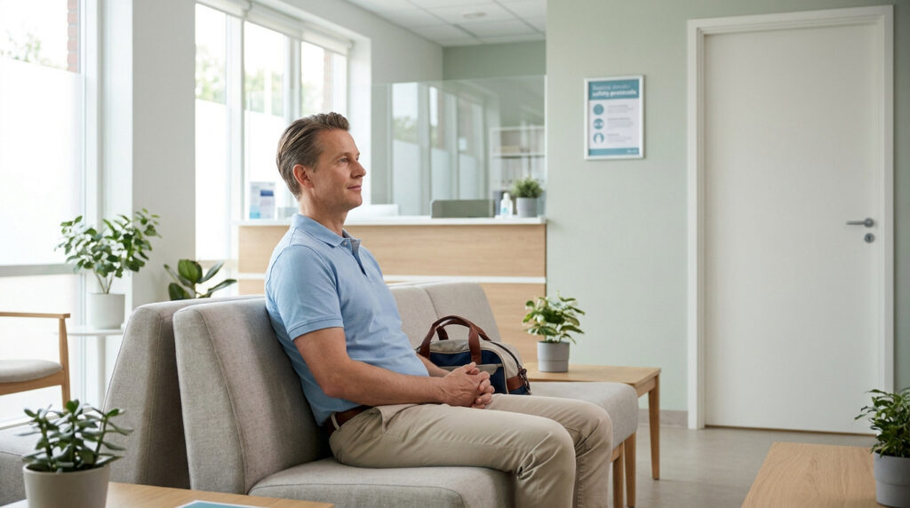 Un homme calme attend patiemment sur un canapé dans une salle d'attente lumineuse d'un centre médical.