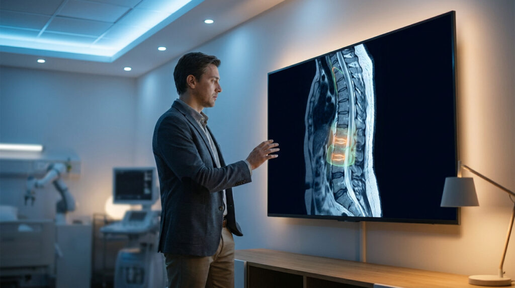 Un médecin examine une image IRM de la colonne vertébrale sur un écran haute définition dans un cabinet médical moderne.