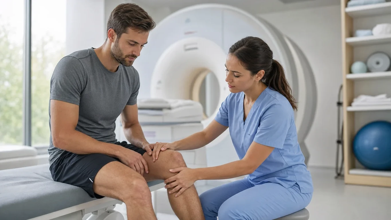 Examen clinique du genou d'un sportif devant un scanner d'imagerie médicale