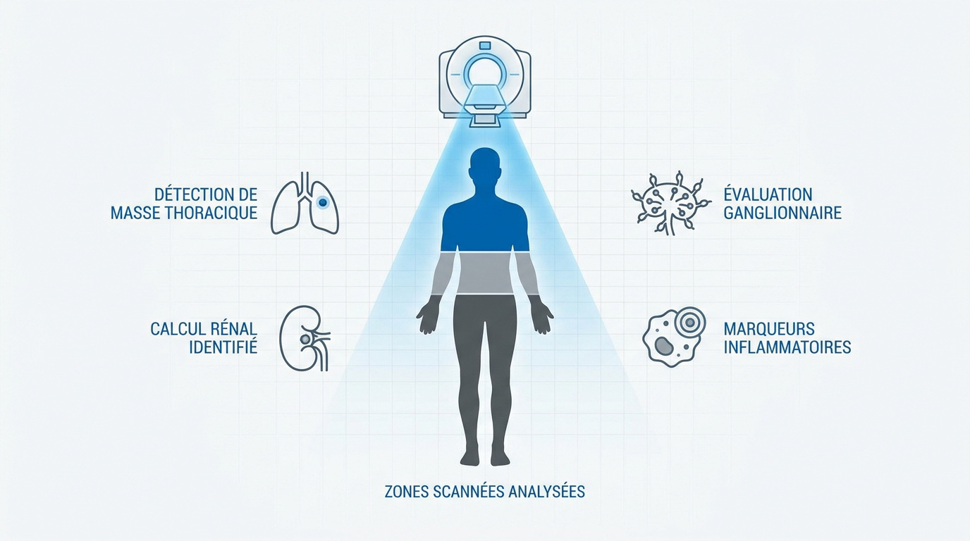 Infographie médicale montrant l'analyse du corps humain par scanner TAP