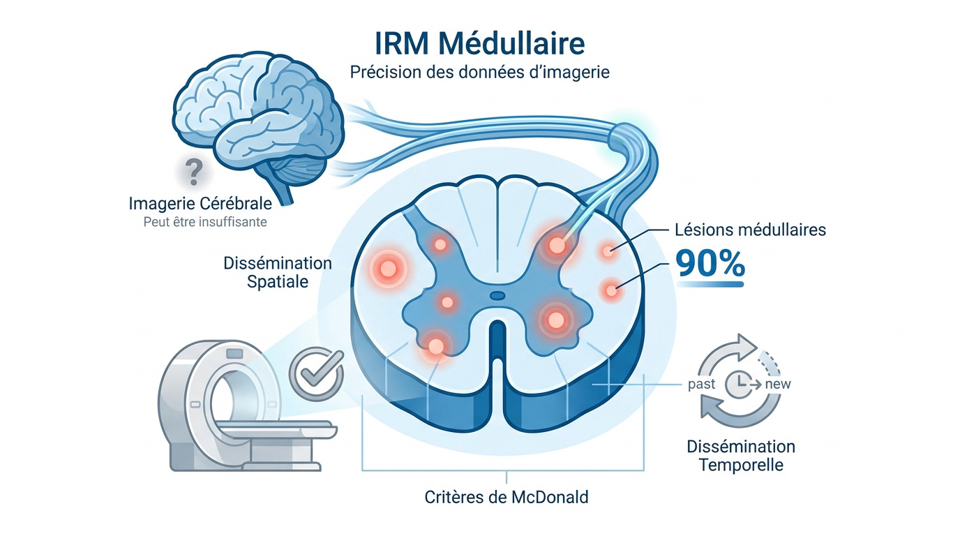 Examen d'IRM médullaire montrant la précision des lésions de la moelle épinière pour le diagnostic de la SEP
