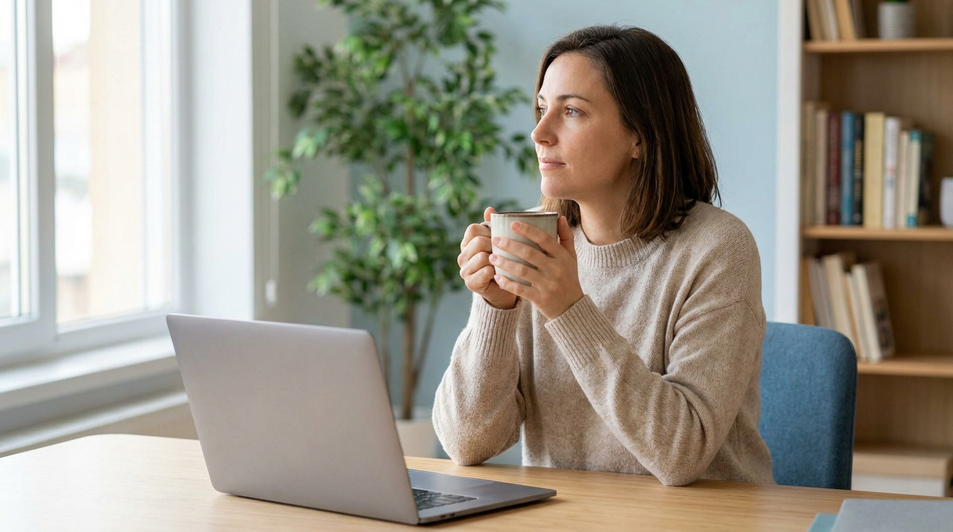 Une femme réfléchie avec une tasse de café devant son ordinateur portable dans un bureau à domicile.