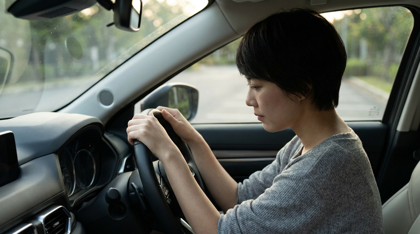 Une femme assise au volant d'une voiture, semblant hésiter à conduire après un examen médical.