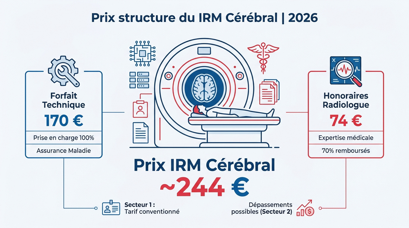 Structure du coût d'une IRM cérébrale en 2026 incluant forfait technique et honoraires
