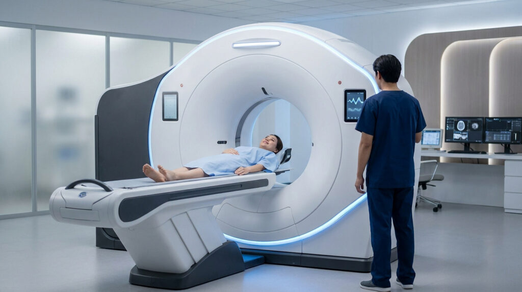 Une patiente allongée dans un scanner avec un manipulateur radio supervisant l'examen dans une salle d'imagerie moderne.