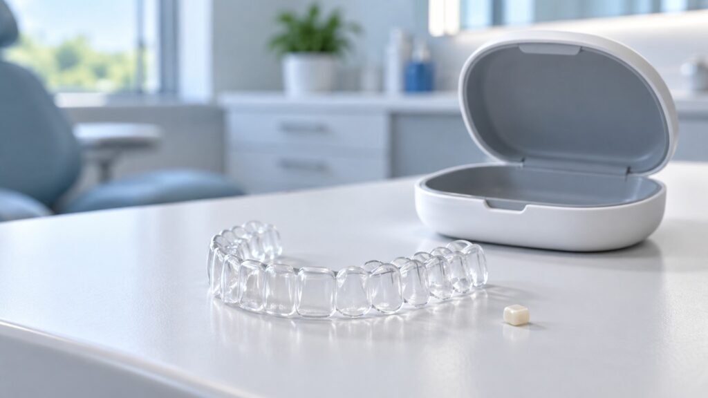 Aligneur dentaire transparent et son étui dans un cabinet d’orthodontie