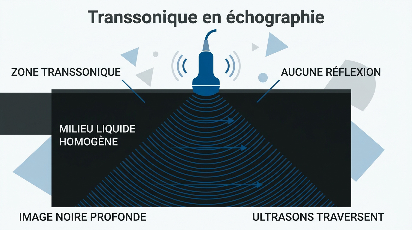 Représentation visuelle d'une zone transsonique noire en échographie correspondant à un milieu liquide homogène