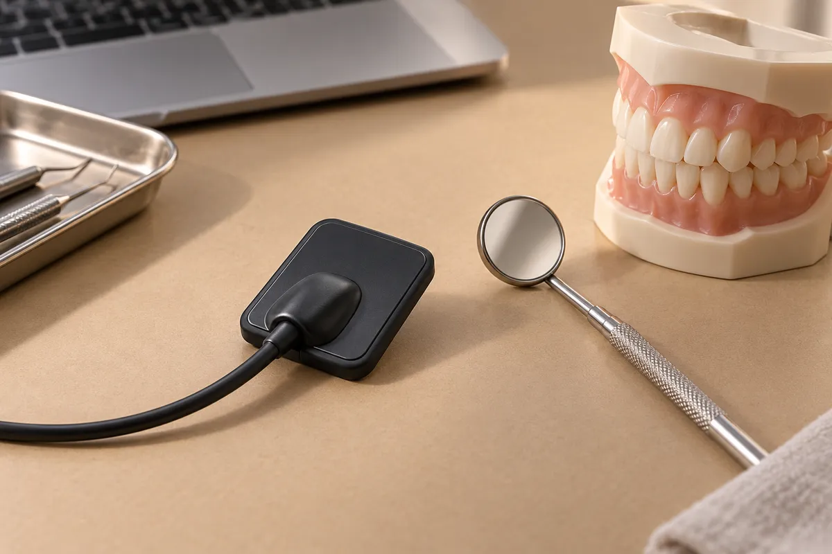 Capteur de radiographie intra-buccale, miroir dentaire et modèle de dents sur un plan de travail.