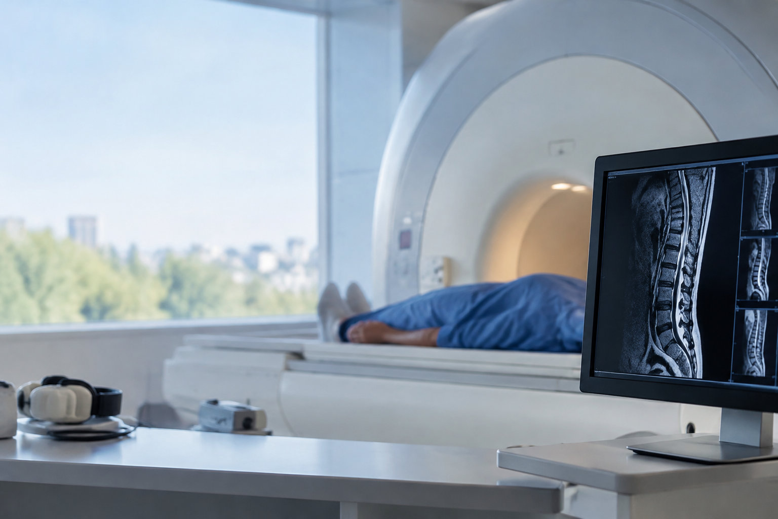 Patient allongé dans un appareil d'IRM, avec un écran affichant des images médicales de la colonne vertébrale au premier plan.