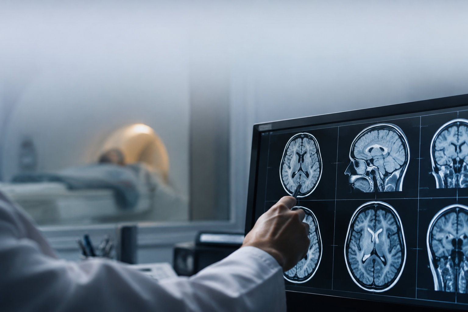 Un médecin pointe une IRM cérébrale sur un écran montrant des lésions de substance blanche caractéristiques du CADASIL.