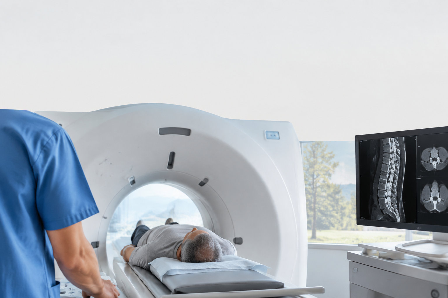 Patient allongé dans un scanner médical avec un médecin observant les images radiologiques sur un écran.