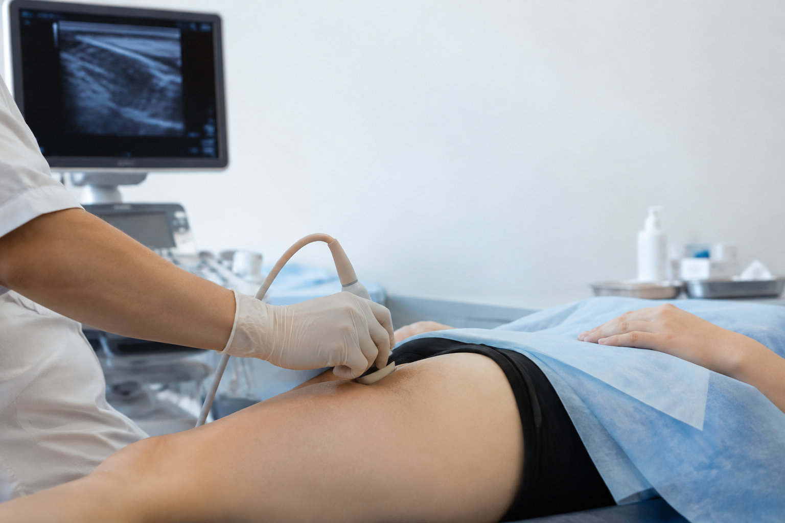 Un médecin effectue une échographie de la région inguinale sur un patient allongé en cabinet médical.