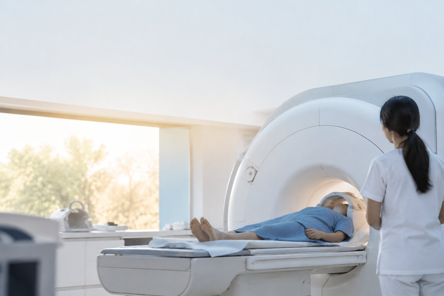 Une patiente allongée dans une machine d'IRM surveillée par une technicienne en radiologie.