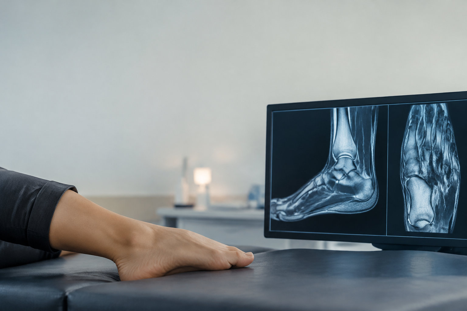 Un pied reposant sur une table d'examen médicale à côté d'un écran affichant des images IRM de la cheville et du pied.