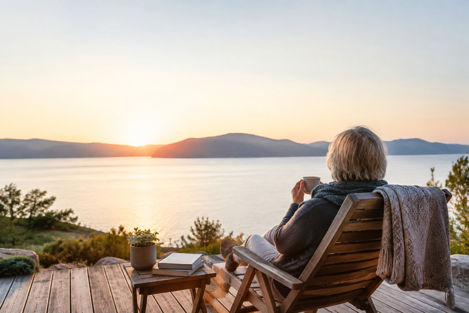 Une personne âgée assise sur une terrasse en bois face au coucher du soleil sur un lac, tenant une tasse de café.