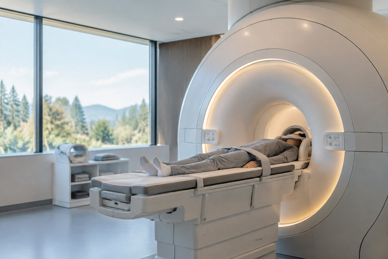 Un patient allongé dans une machine IRM moderne dans une salle lumineuse avec une vue sur la forêt.