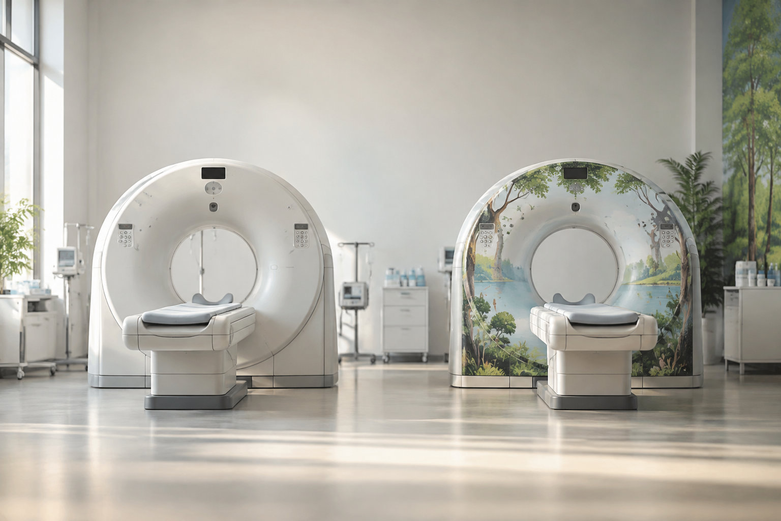 Deux appareils de scanner médical, dont l'un est décoré d'un paysage forestier, installés dans une salle d'hôpital lumineuse.