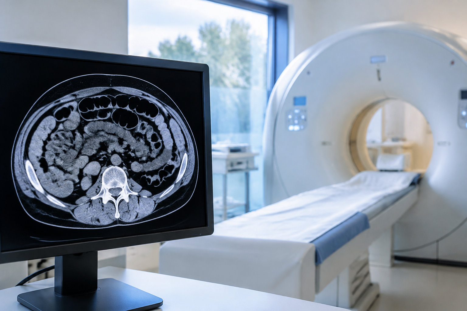 Écran affichant une coupe transversale d'un scanner abdominal avec un appareil de tomodensitométrie en arrière-plan.
