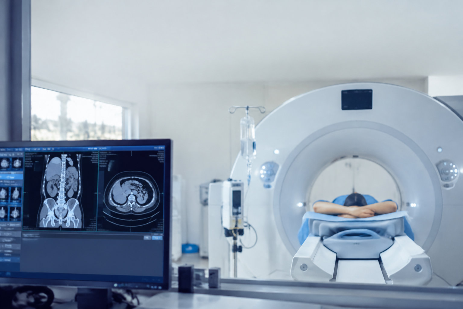 Patient allongé dans un scanner médical avec des images radiologiques affichées sur un écran de contrôle au premier plan.