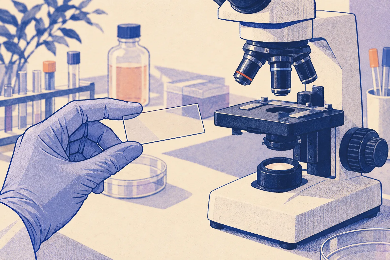 Illustration d’une main gantée tenant une lame près d’un microscope.