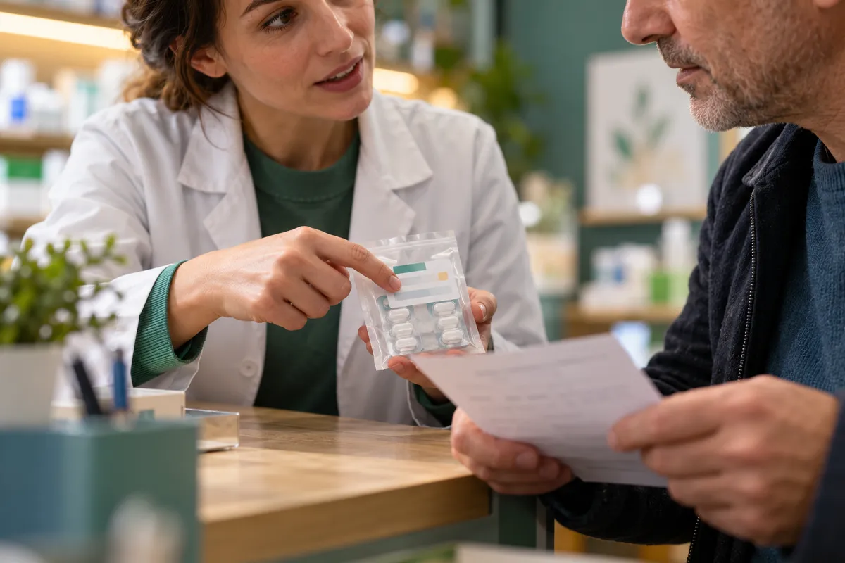 Illustration photographique d’un échange entre patient et pharmacienne autour d’une ordonnance et d’un emballage étiqueté.
