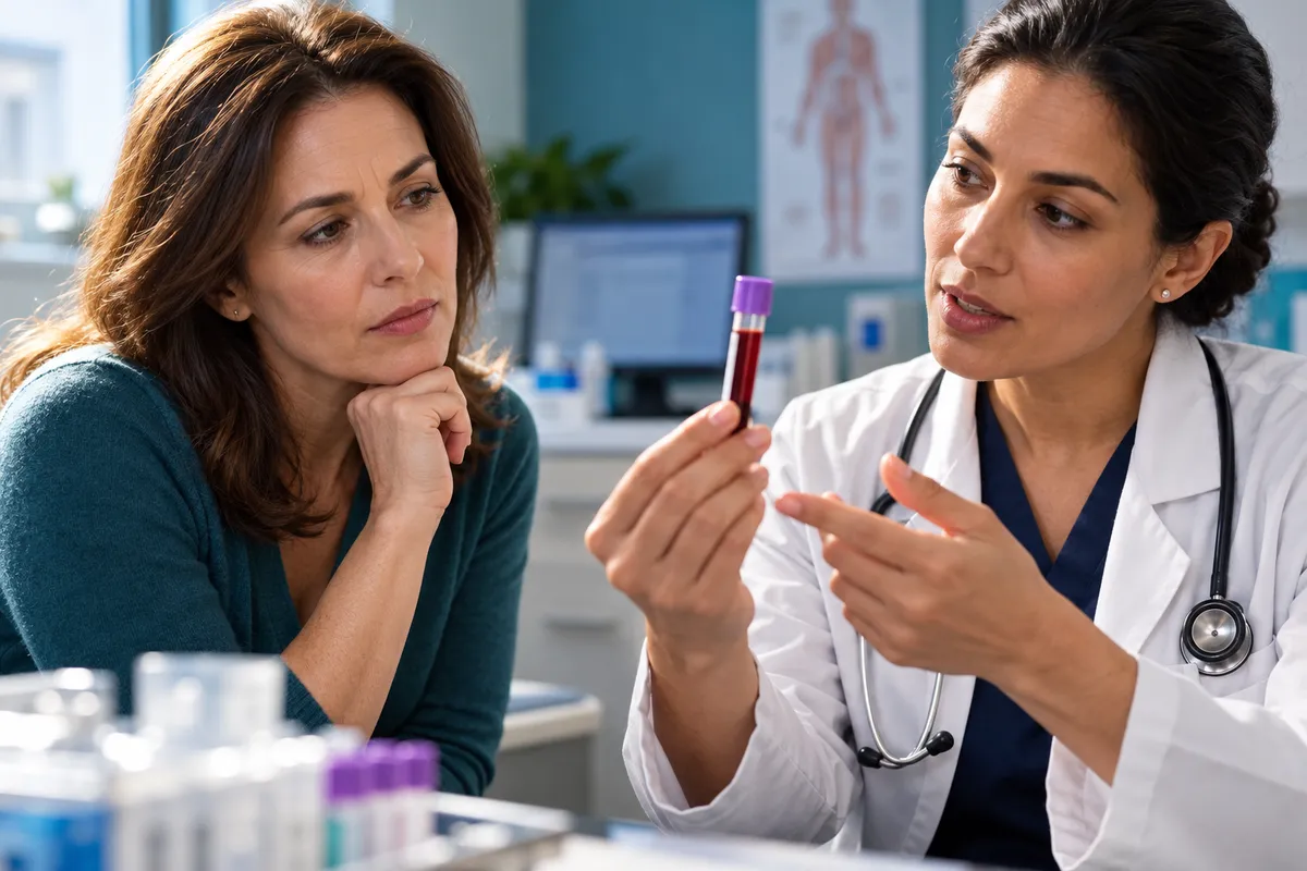 Échange entre une patiente et un professionnel autour d’un prélèvement biologique.