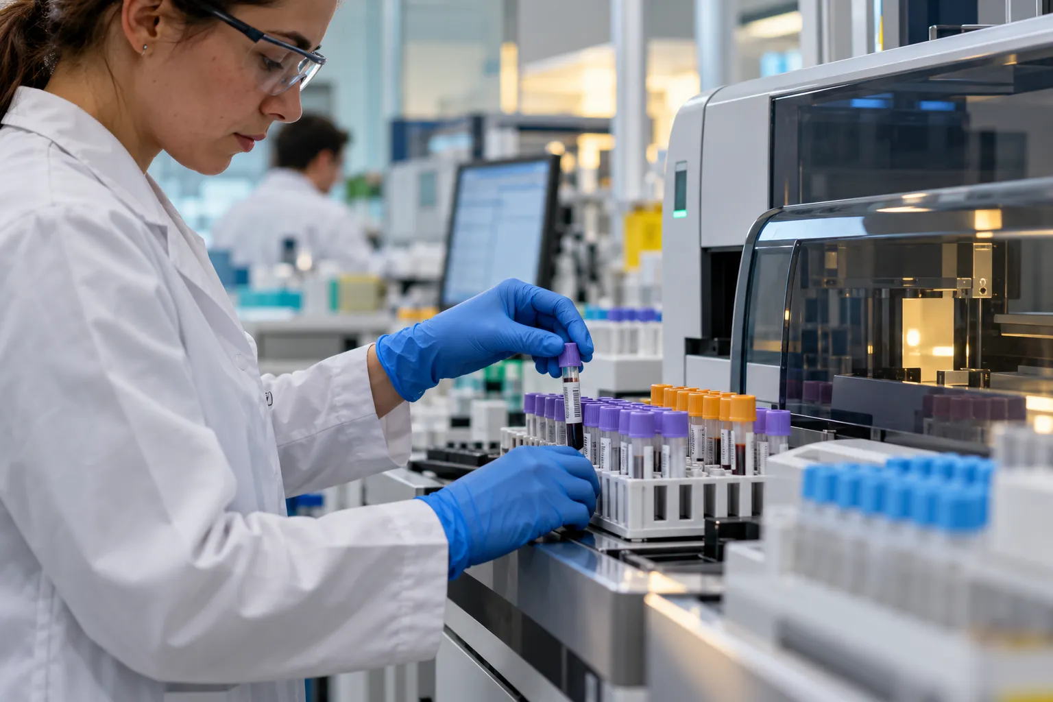 Préparation de tubes de prélèvement dans un laboratoire de biologie.