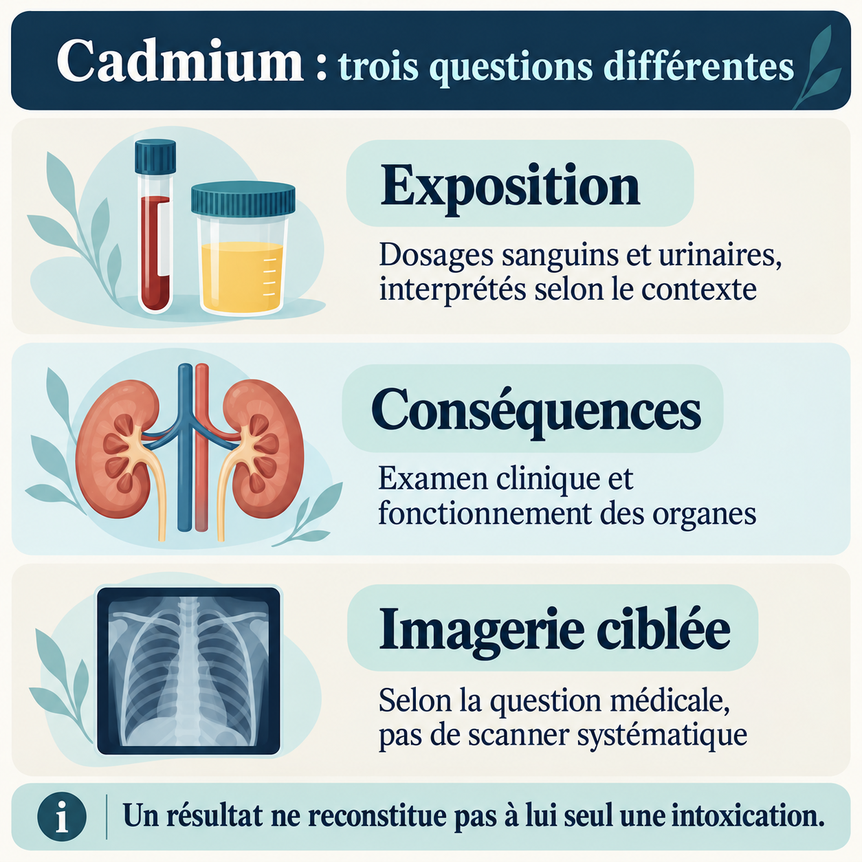 Trois questions distinctes : documenter une exposition, évaluer les organes et choisir une imagerie seulement si elle est indiquée.