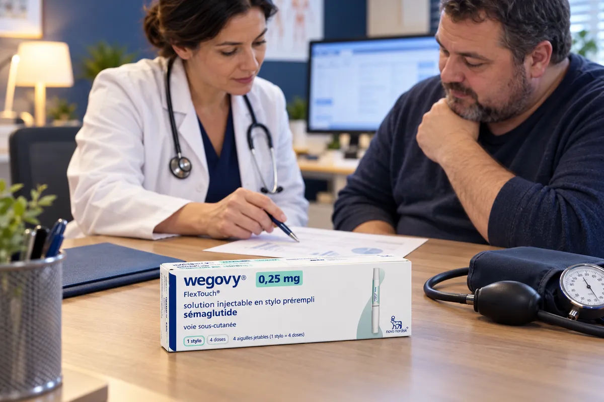 Consultation médicale avec une boîte de médicament, un bilan et un brassard de tension.