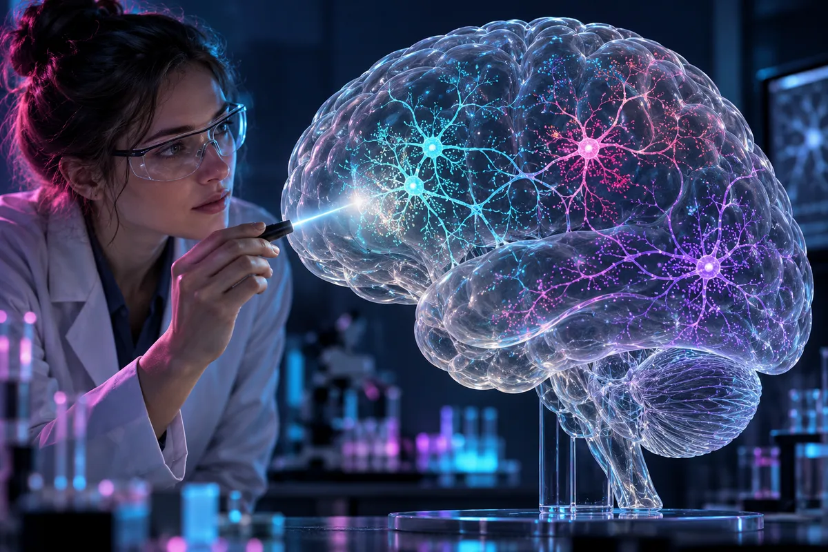 Composition illustrative autour d’un modèle de cerveau translucide et d’un réseau de connexions.