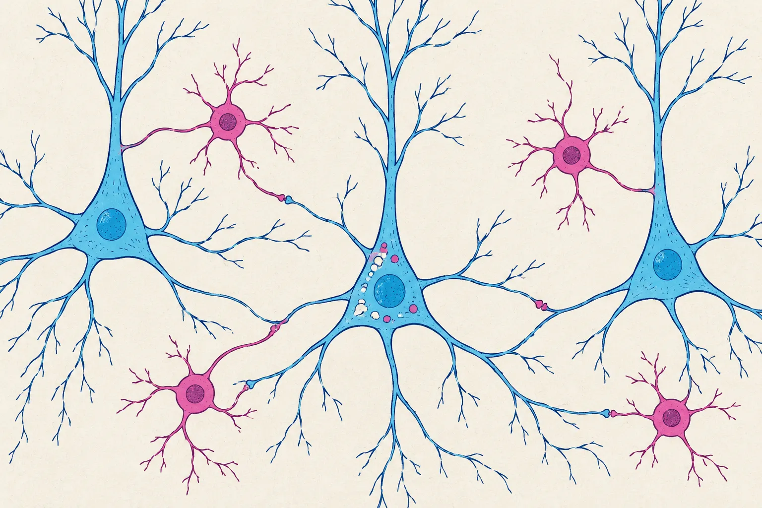 Dessin conceptuel de neurones de formes et de couleurs distinctes dans un réseau simplifié.