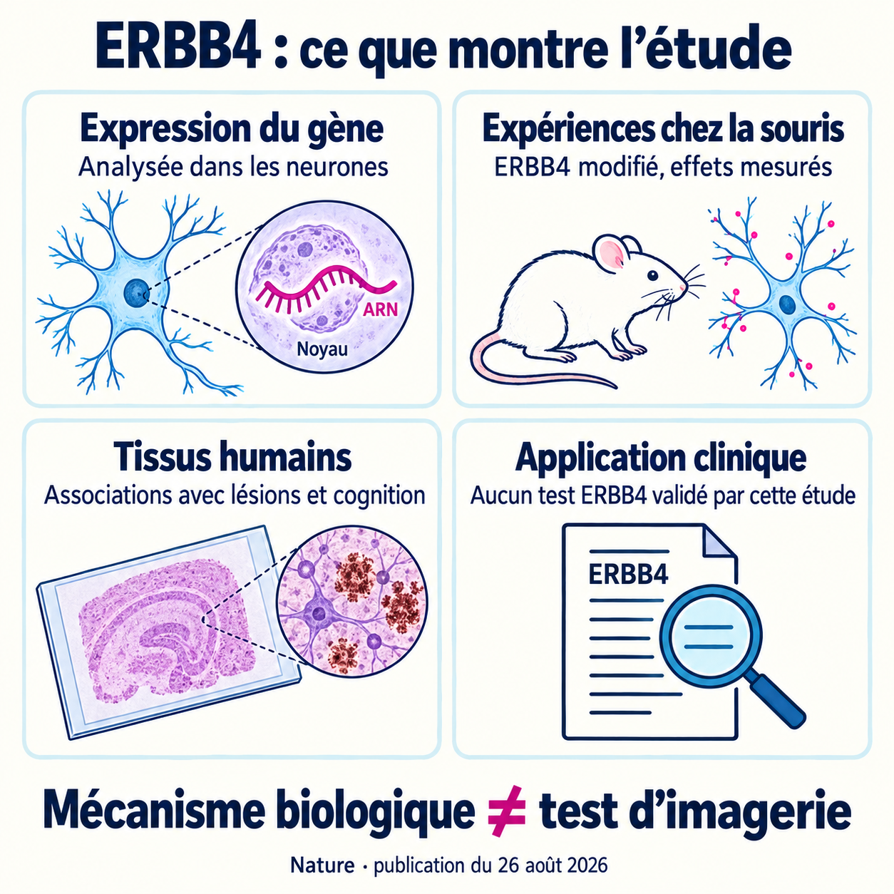 Les quatre niveaux à distinguer : expression du gène, expériences chez la souris, associations dans les tissus humains et absence de test ERBB4 validé par cette étude.