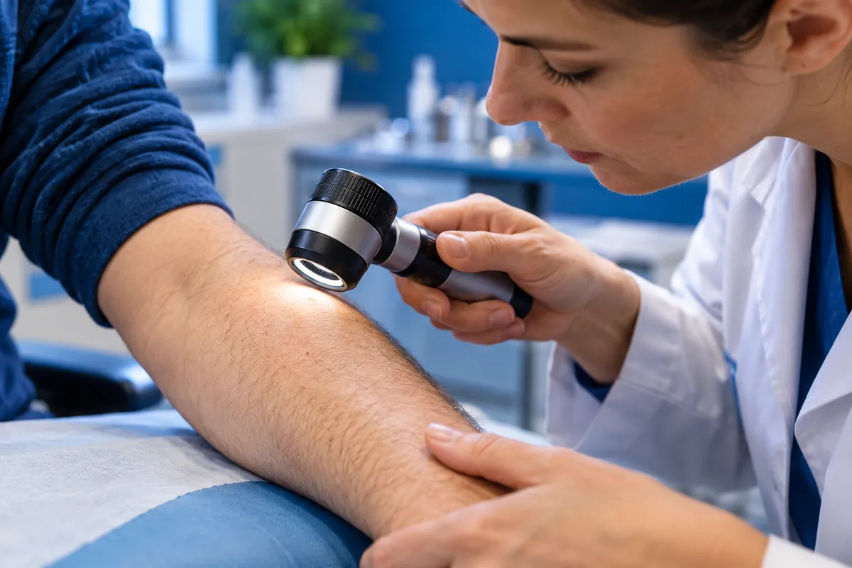 Un dermoscope près d’un avant-bras lors d’un examen de la peau.