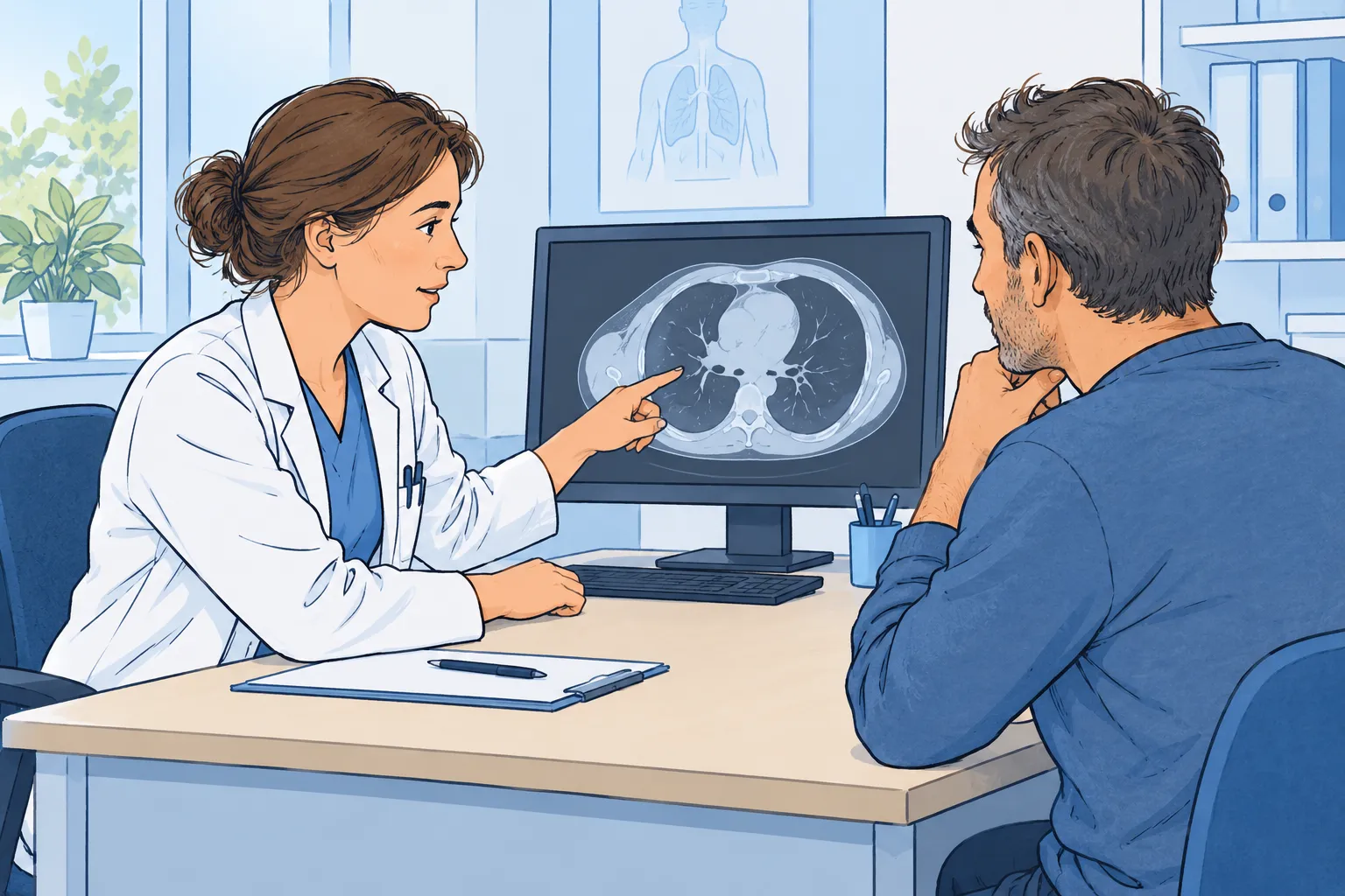 Une illustration de discussion entre un professionnel et une personne devant un écran d’imagerie.