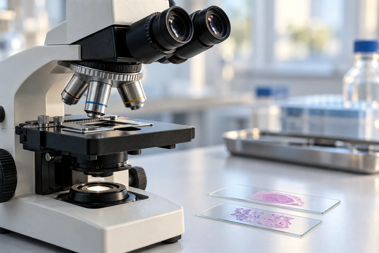 L’analyse anatomopathologique après une opération Microscope et lames de laboratoire illustrant l’analyse des tissus.