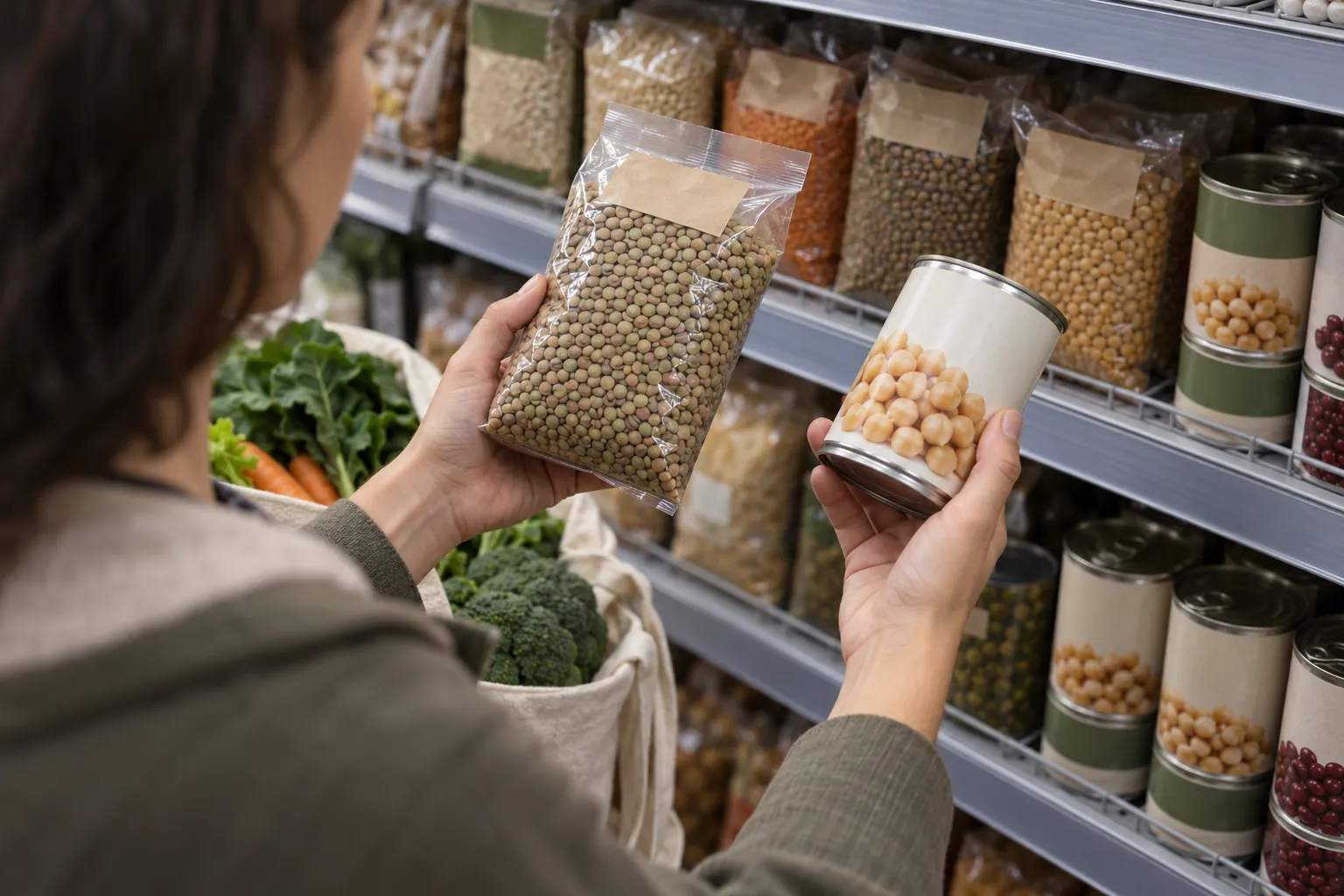 Une personne compare des légumineuses conditionnées dans un rayon de supermarché.