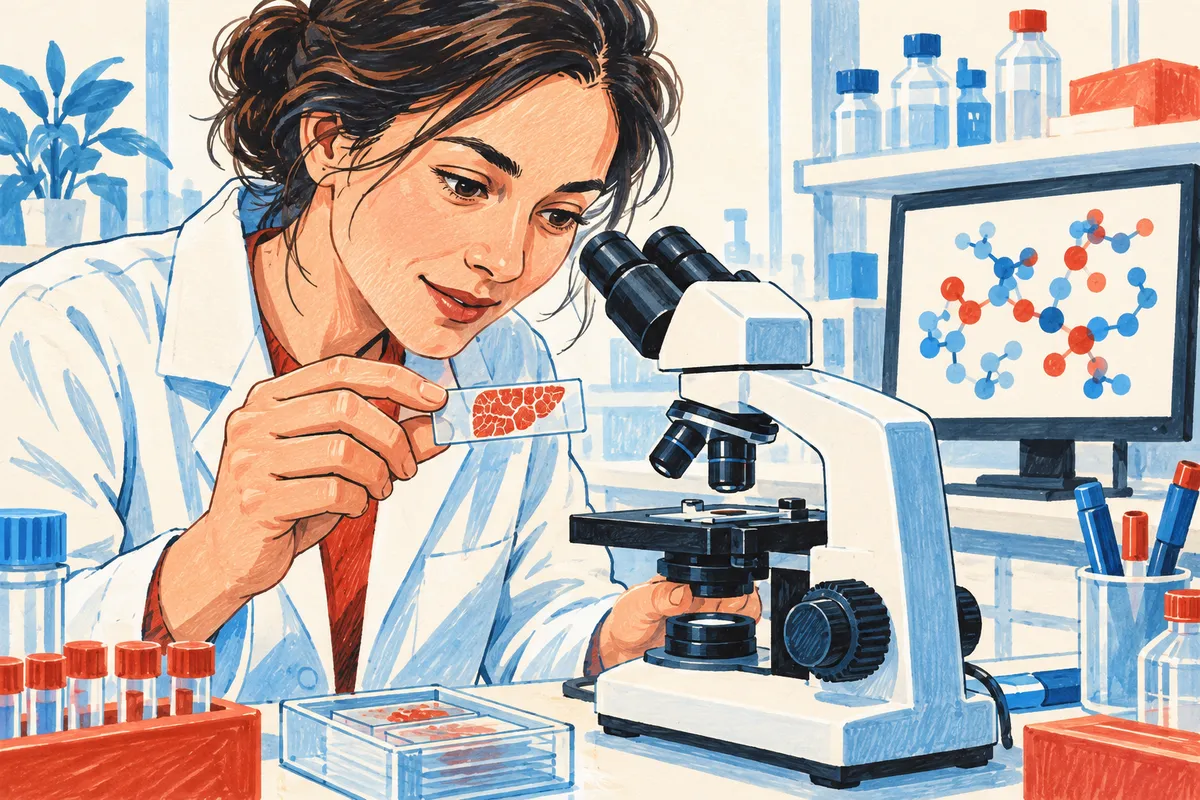 Illustration d’une chercheuse observant au microscope une lame de tissu, pour évoquer l’étude expérimentale du métabolisme hépatique.
