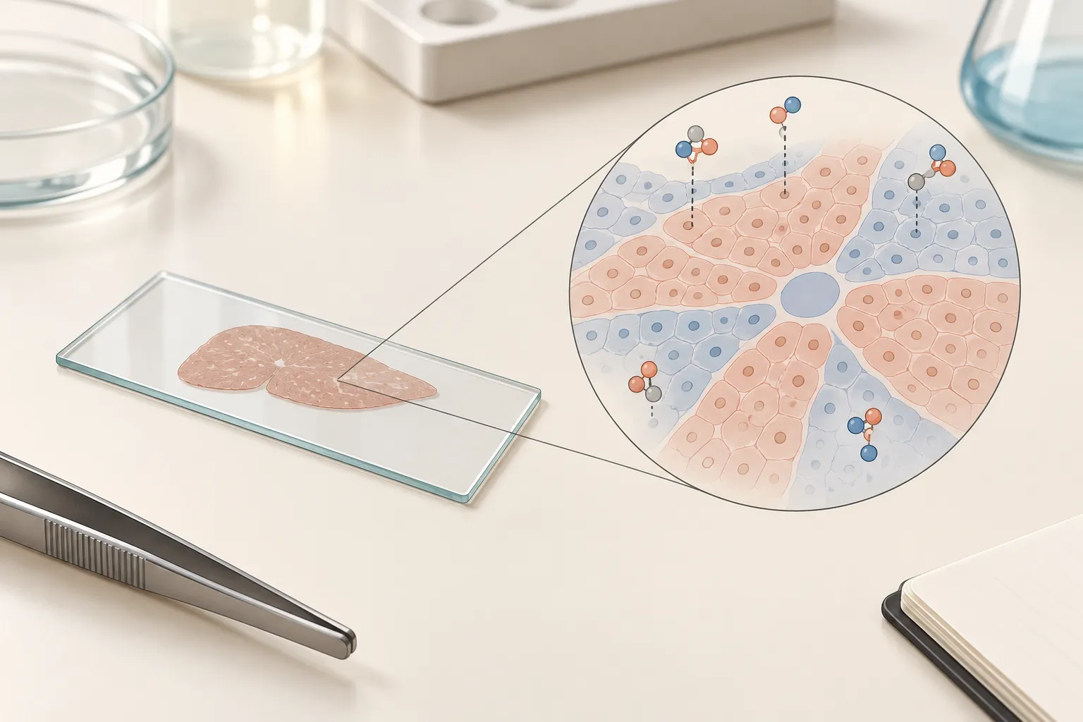Schéma conceptuel d’une lame de tissu et de zones hépatiques simplifiées, pour expliquer une cartographie sur prélèvement de souris.