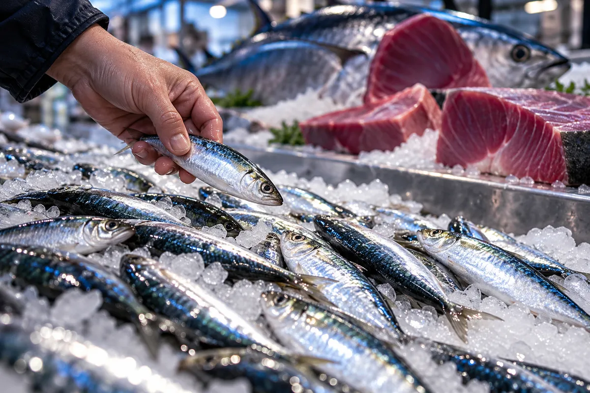 Petits poissons argentés sur un étal de poissonnerie.