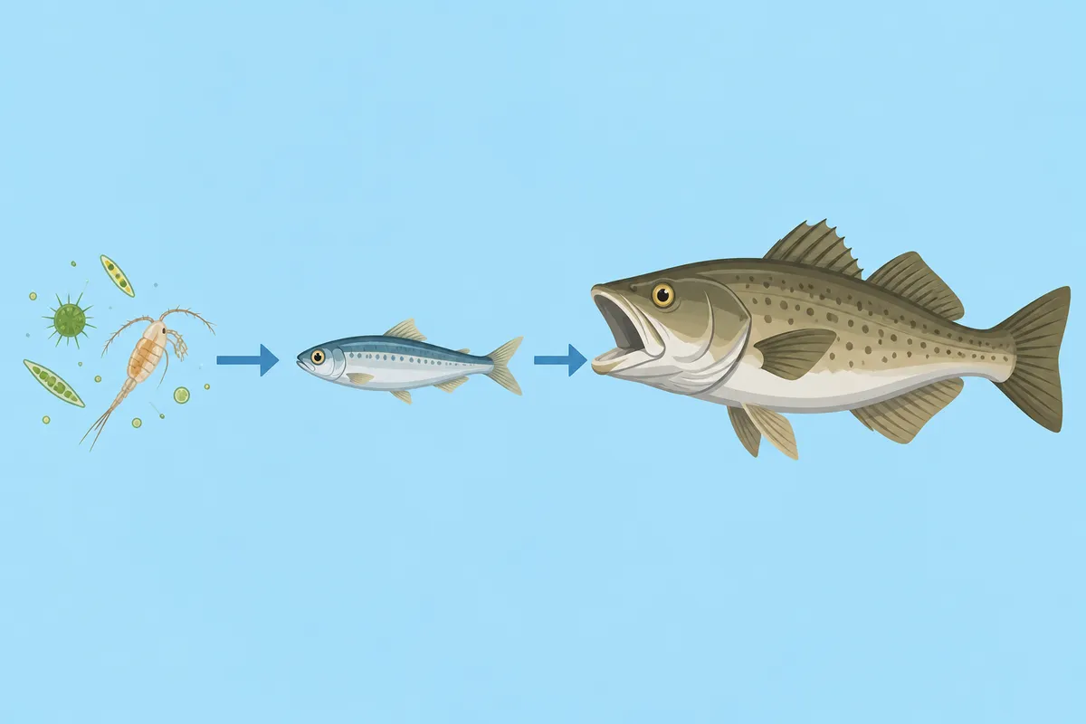 Schéma simplifié d’une chaîne alimentaire, du plancton au grand poisson prédateur.
