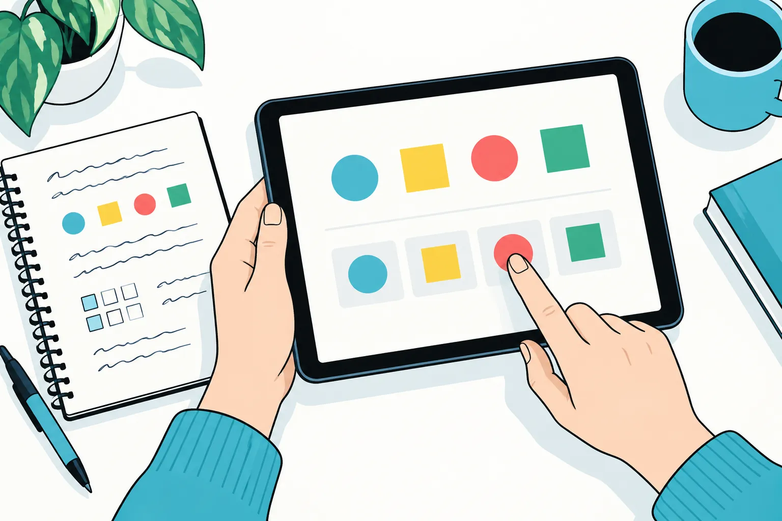 Illustration d’une personne réalisant une tâche de formes sur une tablette, sans score médical.