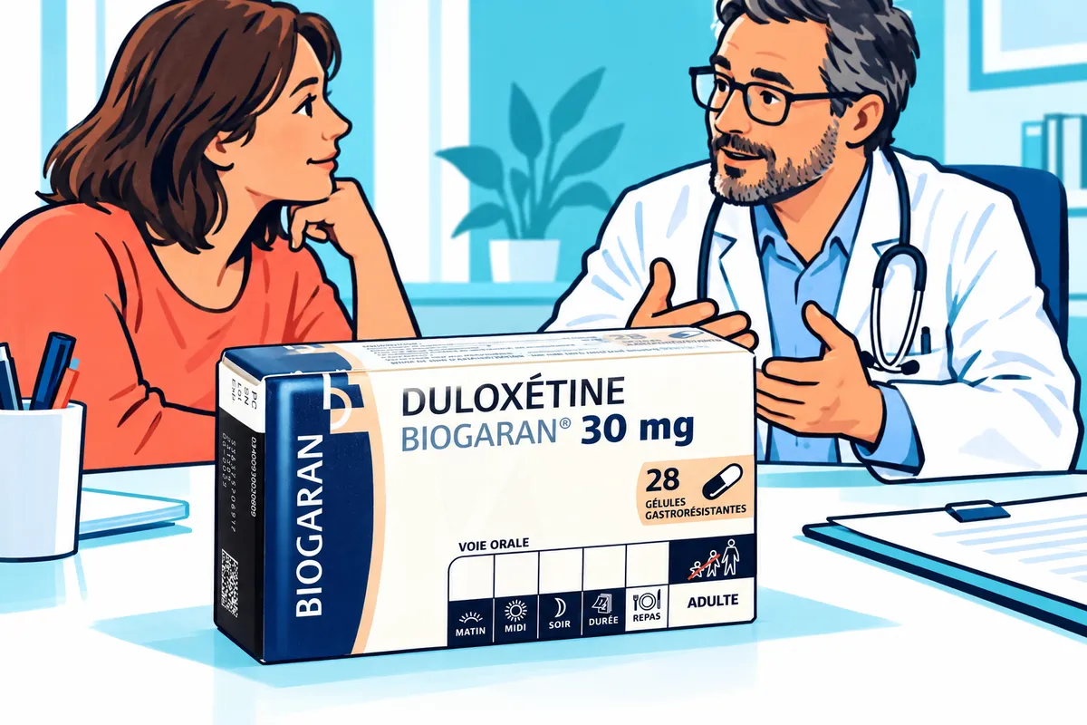 Illustration associant une boîte de duloxétine à un dialogue en consultation.
