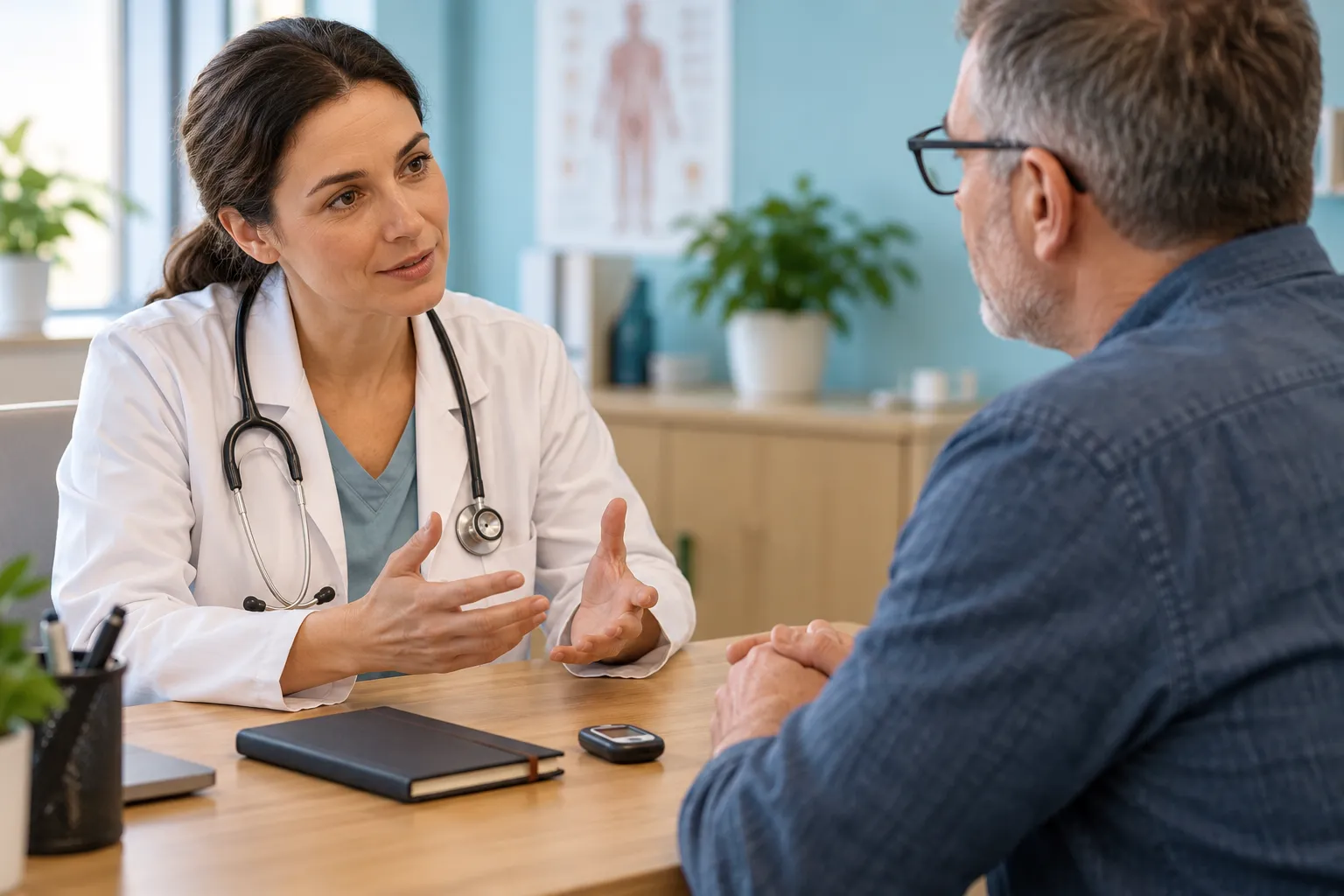 Un médecin et une personne échangent à un bureau de consultation.