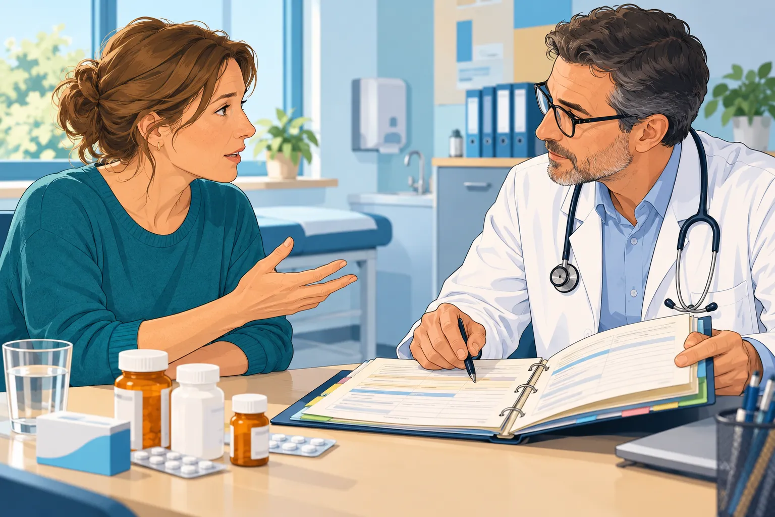 Illustration d’une consultation consacrée à l’historique des traitements hormonaux.