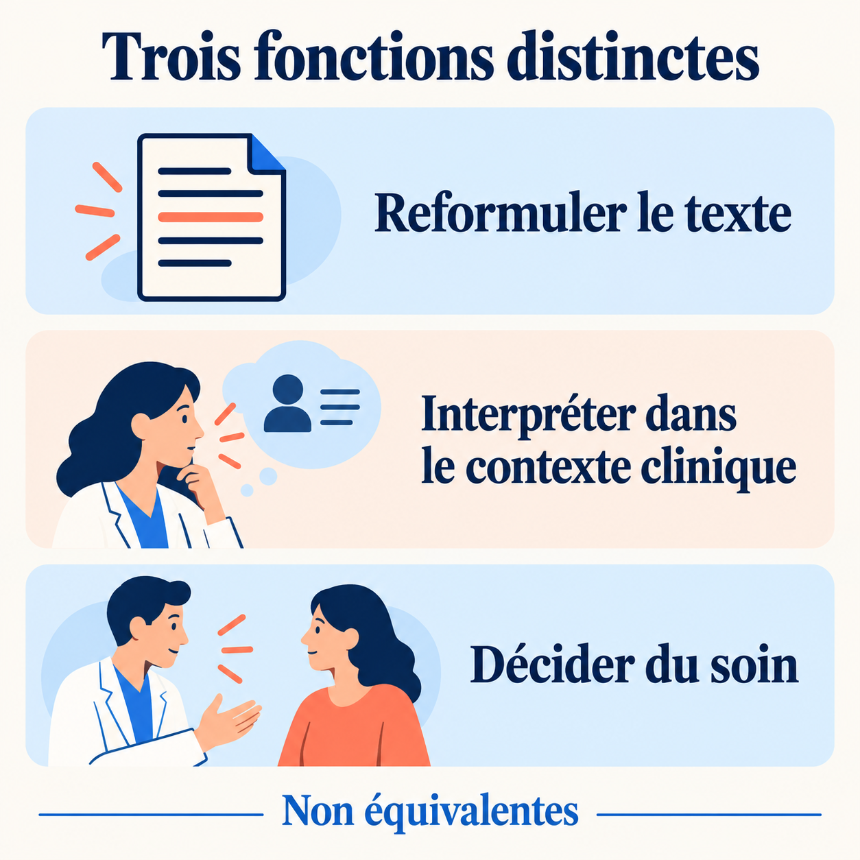 Trois fonctions distinctes : reformuler le texte, interpréter dans le contexte clinique et décider du soin.