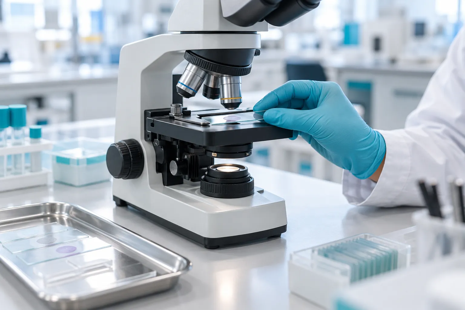 Mise en scène d’un microscope et de lames dans un laboratoire d’anatomopathologie.
