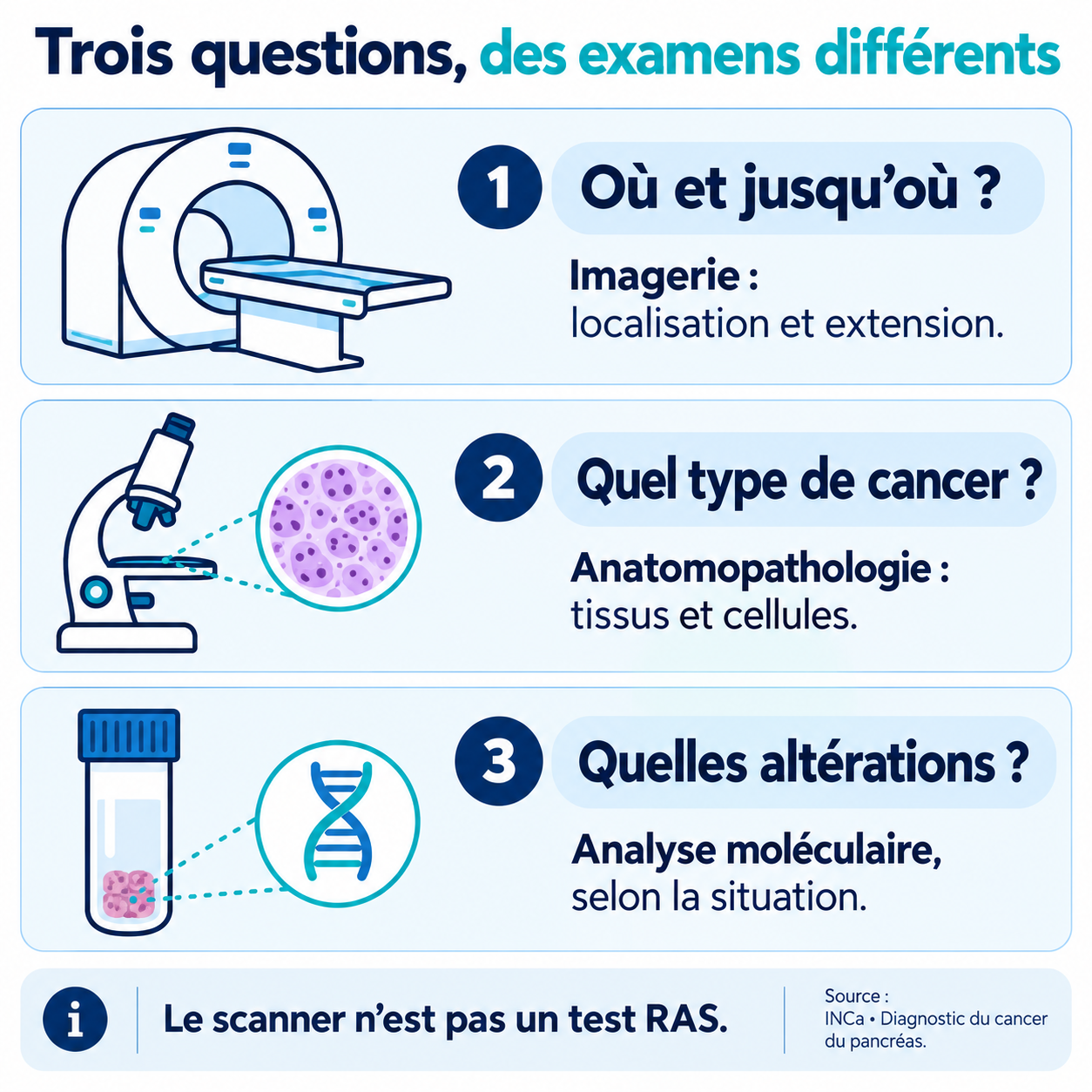 Trois rôles distingués : imagerie pour la localisation et l’extension, anatomopathologie pour la nature du cancer, analyse moléculaire selon la situation.